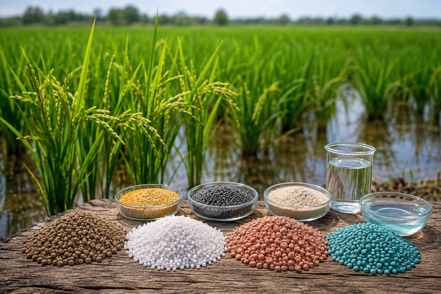 نمونه‌های عمومی کودهای نیتروژنه، فسفره، پتاسیمی و ریزمغذی در کنار مزرعه برنج - خرید بهترین کود از سبزه میدون برای برنج