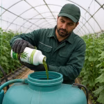 کشاورز در حال آماده‌سازی و ترکیب کود مایع سبز لجنی برای تقویت محصولات گلخانه‌ای - خرید بهترین کود مایع با جذب سریع از سبزه میدون